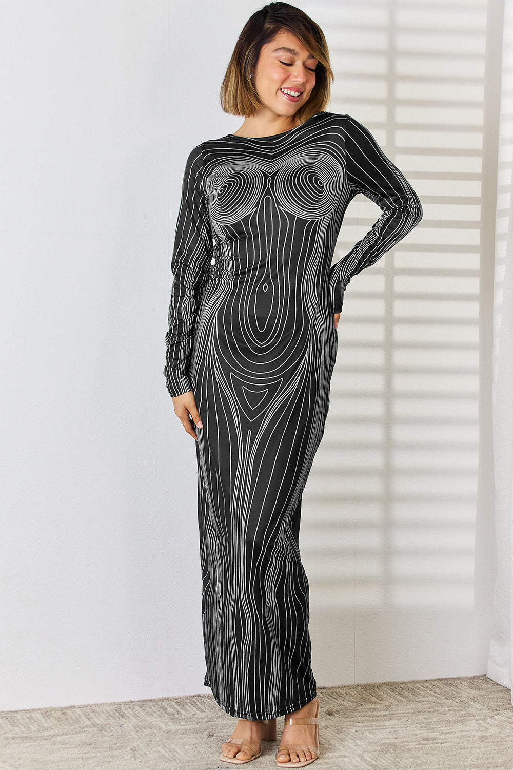 Cutout Round Neck Long Sleeve Maxi Dress - ThingsWeUseAndLove Dark-Gray-XL