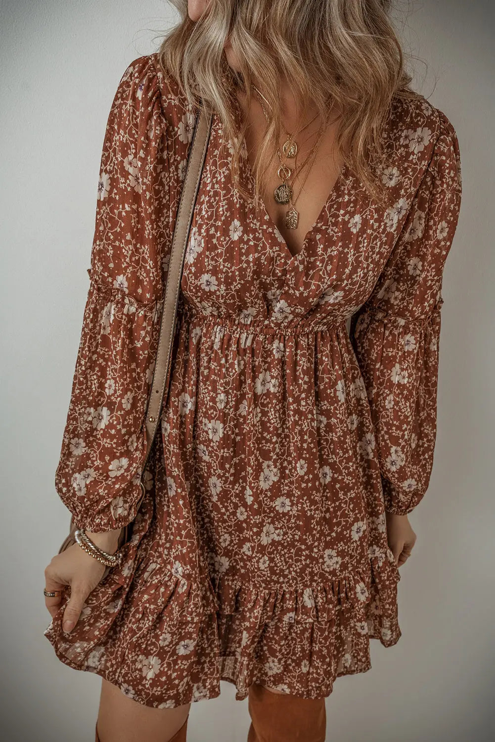 Brown Boho Floral Ruffle Puff Sleeve V Neck Mini Dress - ThingsWeUseAndLove Brown-XL