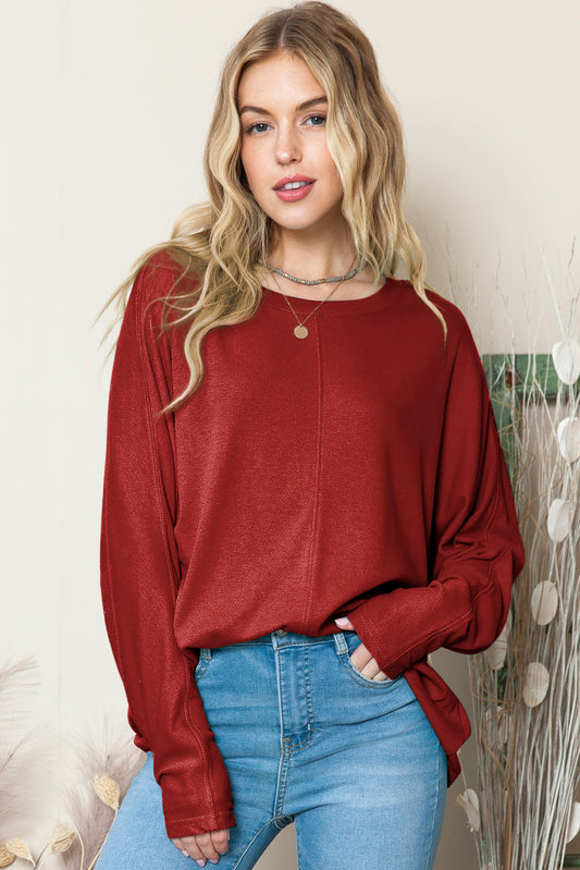 Casual Seam Long Sleeve Top - ThingsWeUseAndLove Red-3XL