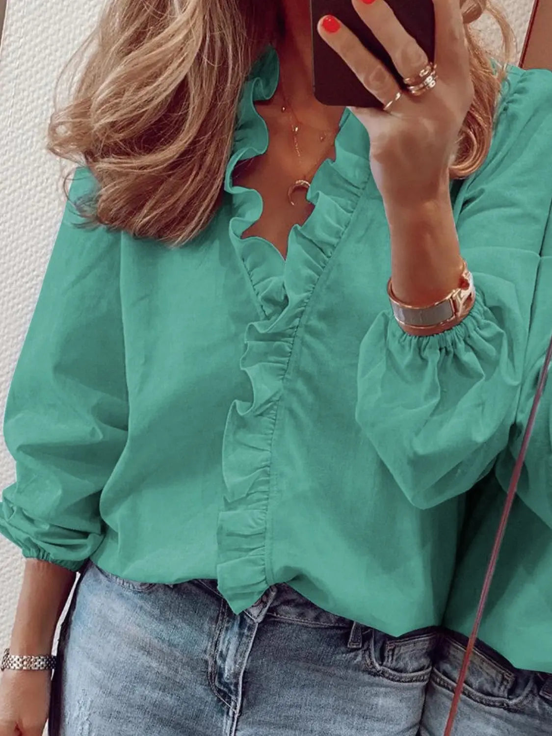 Full Size Ruffled V-Neck Long Sleeve Blouse - ThingsWeUseAndLove Teal-5XL