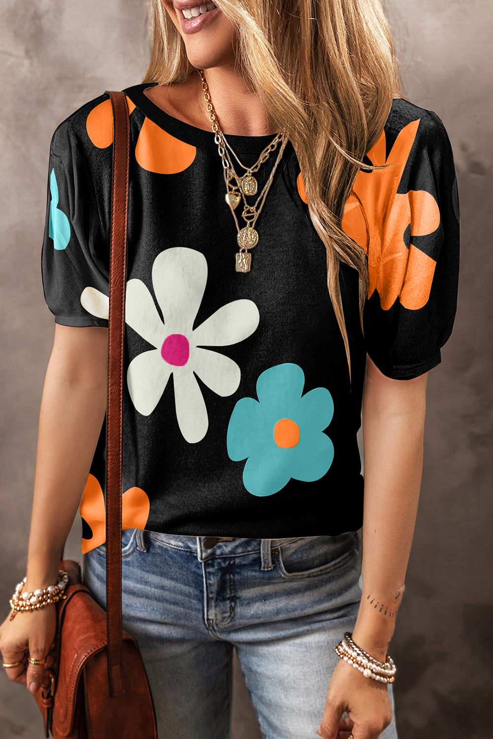 Sky Blue Flower Print Bubble Sleeve Tee - ThingsWeUseAndLove Black-2XL-95-Polyester-5-Elastane