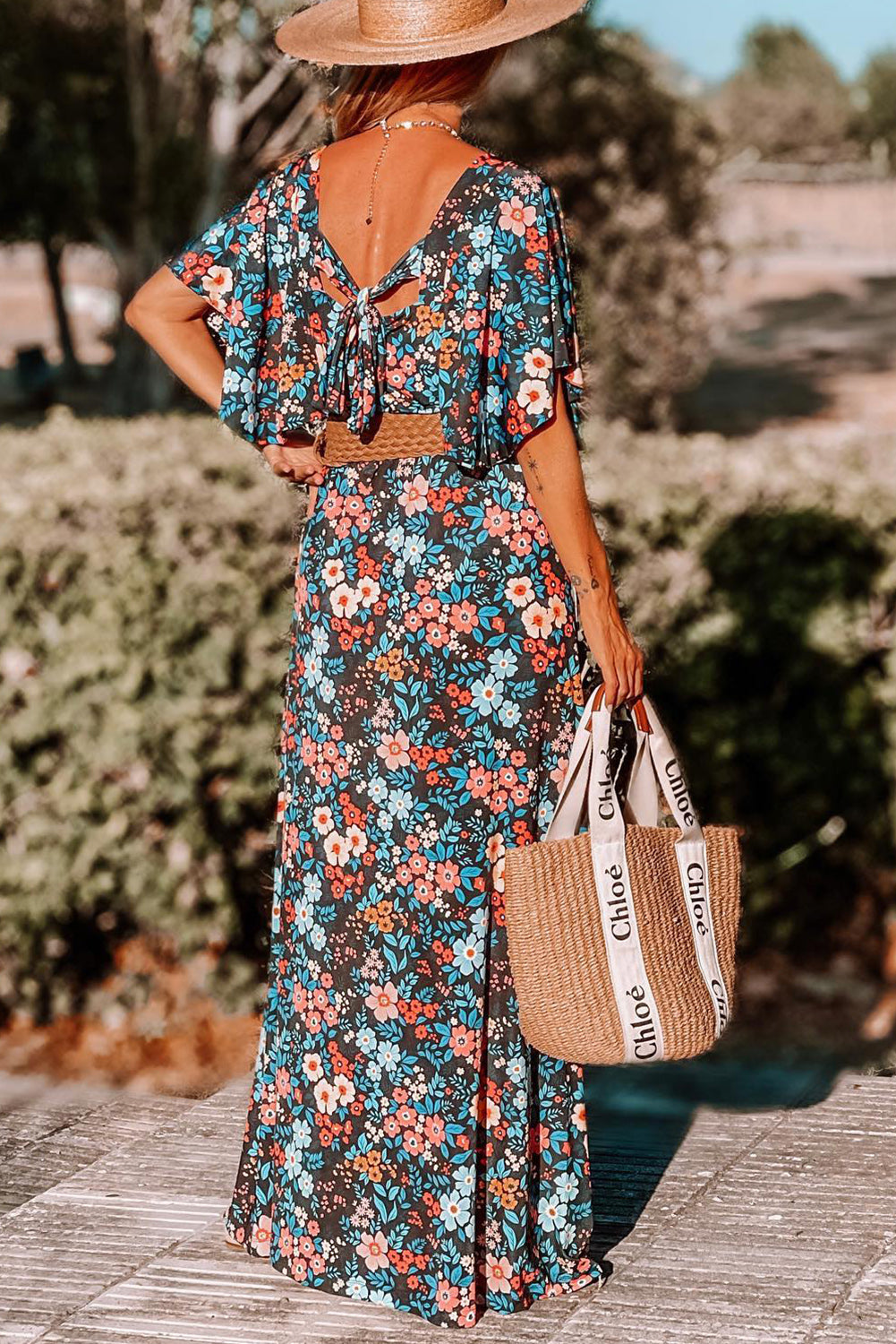 Boho Floral Print Knotted Backless Maxi Dress - ThingsWeUseAndLove 