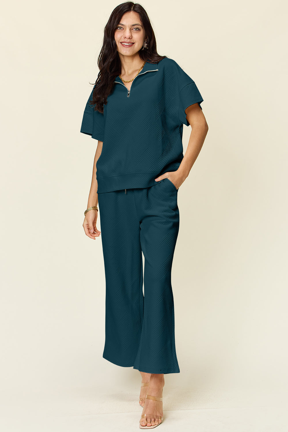 Texture Half Zip Short Sleeve Top and Pants Set - ThingsWeUseAndLove Deep-Teal-3XL