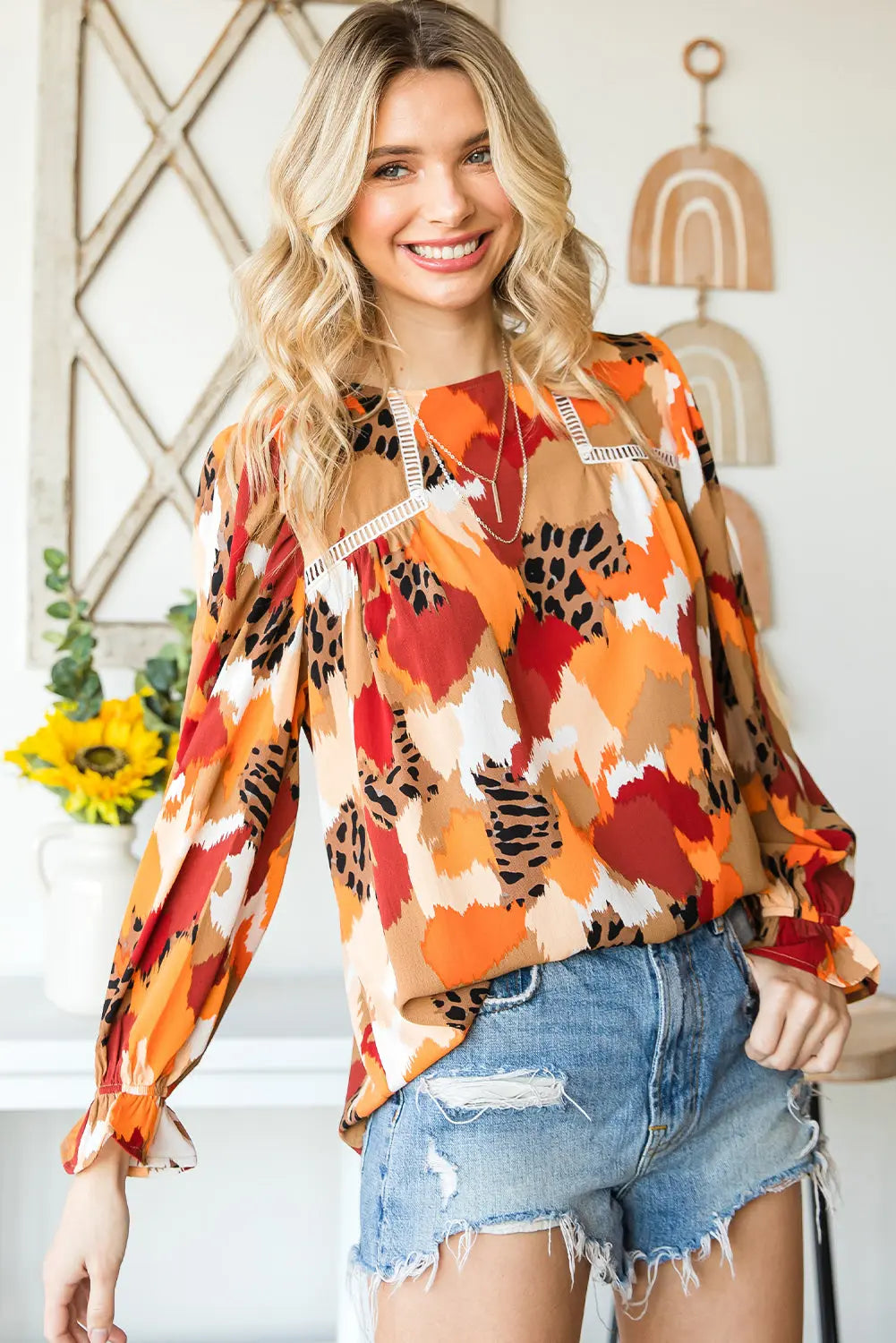 Boho Frill Multicolor Abstract Print Long Sleeve Blouse - ThingsWeUseAndLove 