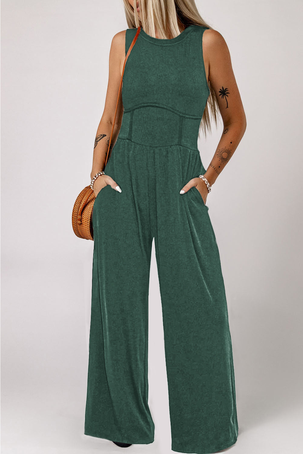 Blackish Green Sleeveless High Waist Wide Leg Jumpsuit - ThingsWeUseAndLove 