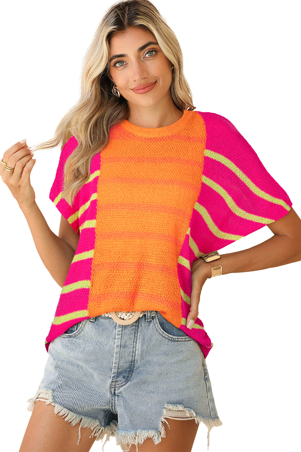 Strawberry Striped Colorblock Short Sleeve Knit Top - ThingsWeUseAndLove 