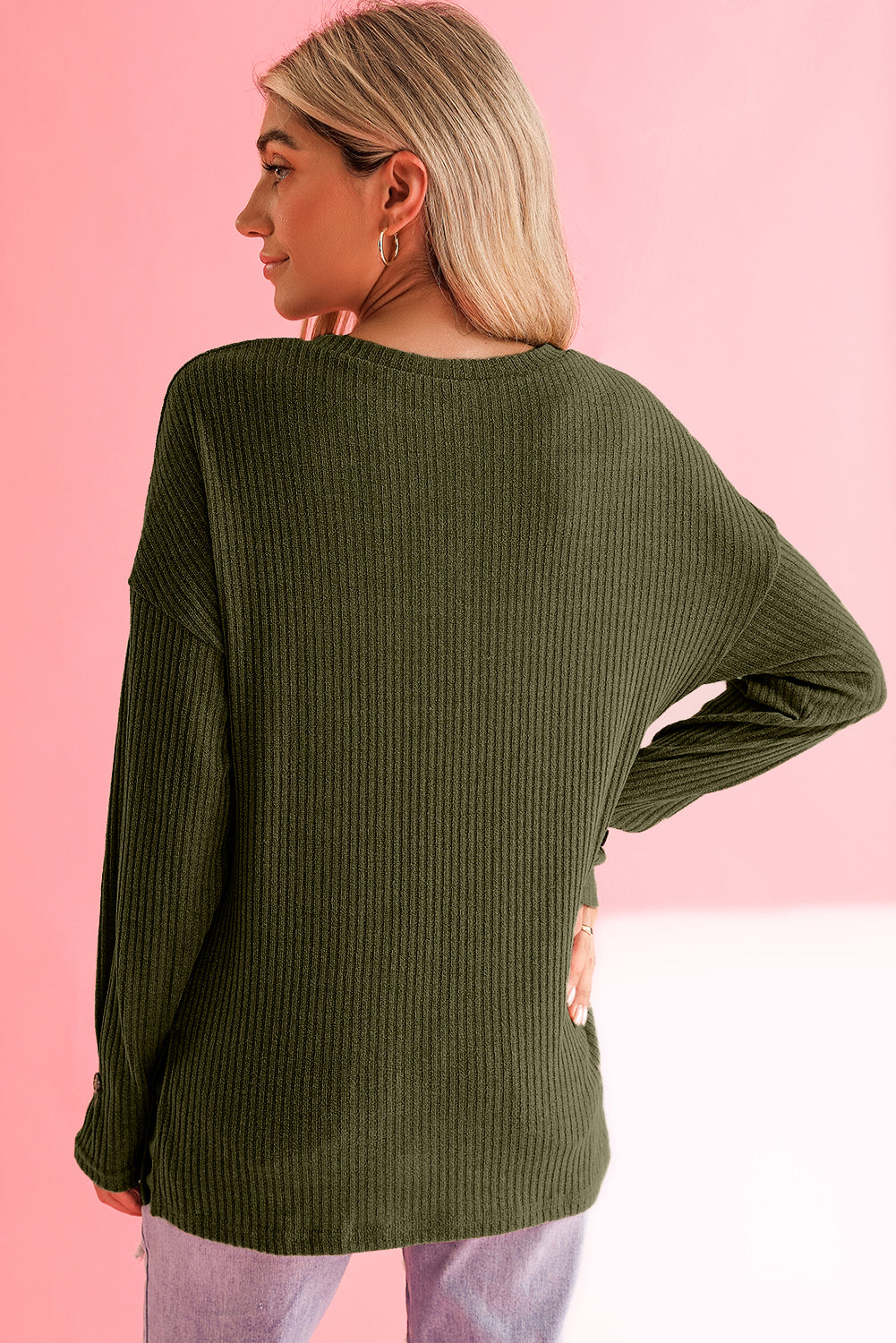 Drop Shoulder Ribbed Knit Long Sleeve Henley Top - ThingsWeUseAndLove 