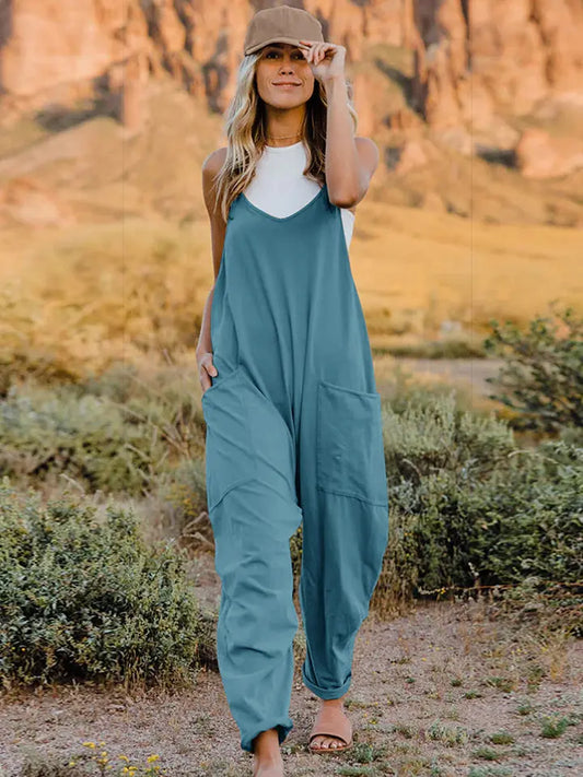 Dakota Size Inclusive V-Neck Sleeveless Jumpsuit with Pockets - ThingsWeUseAndLove Cerulean-3XL