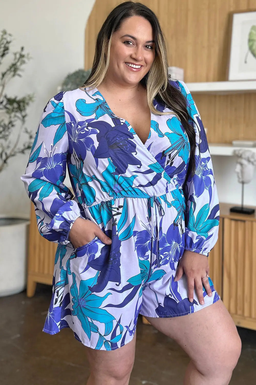 Size Inclusive Floral Long Sleeve Romper with Pockets - ThingsWeUseAndLove 