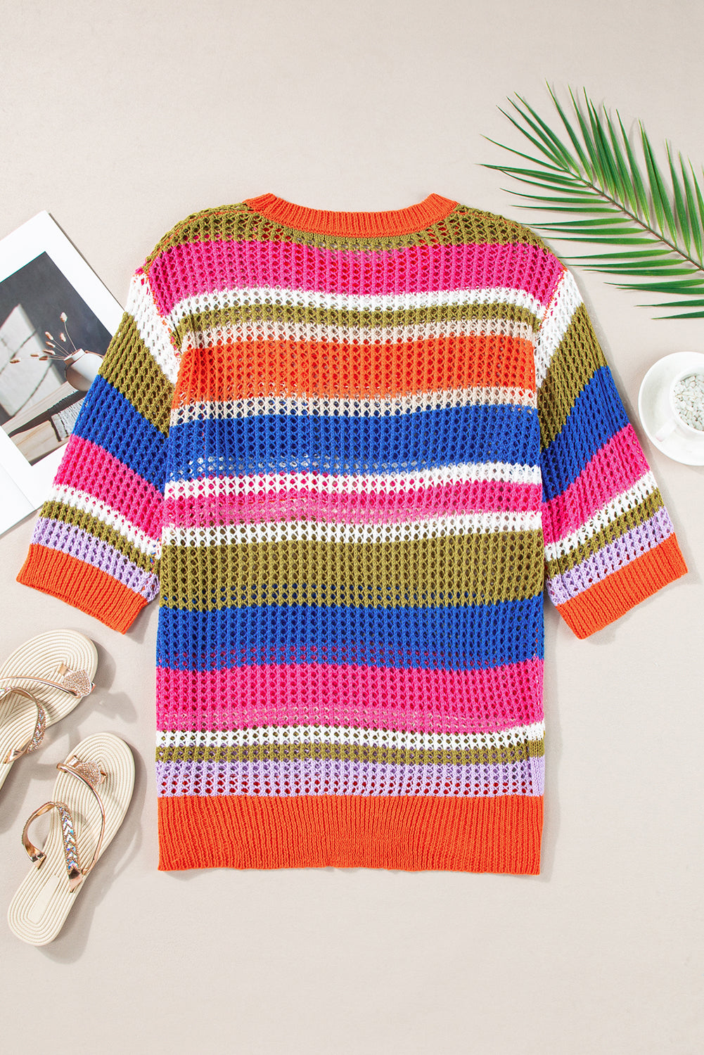 Striped Color Block Hollow Crochet 3/4 Sleeve T Shirt - ThingsWeUseAndLove 