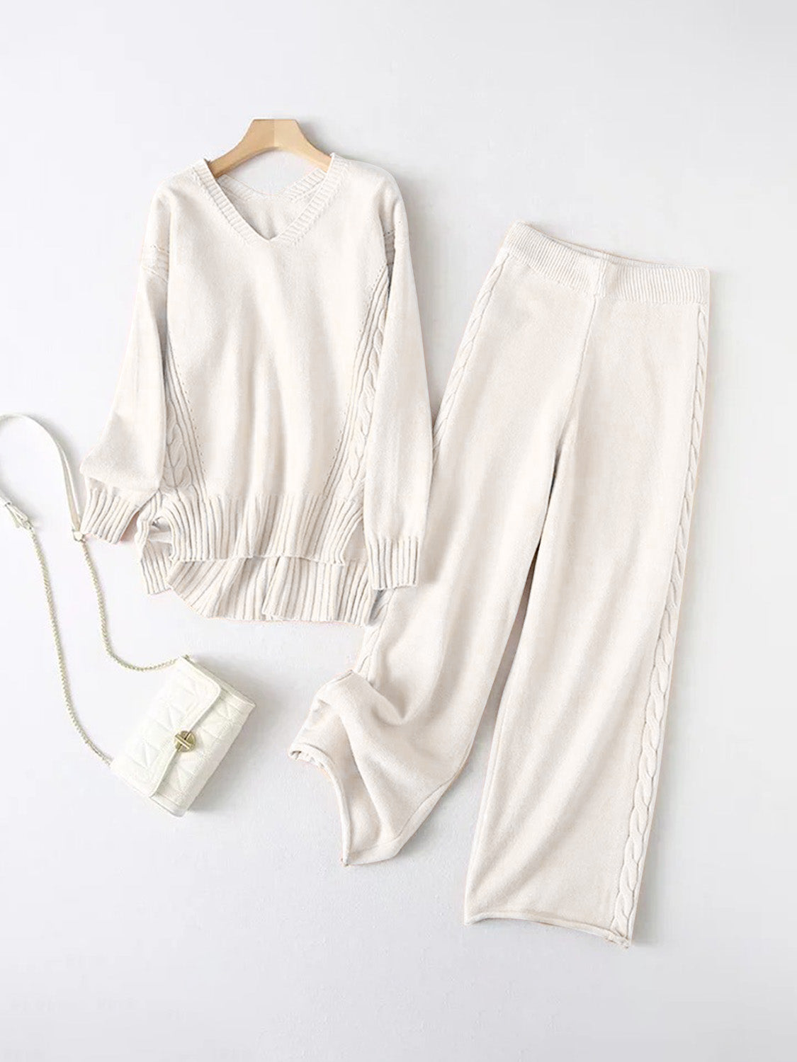 V-Neck Long Sleeve Top and Pants Sweater Set