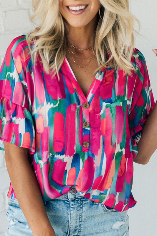 Rose Abstract Brushwork Print Buttoned V Neck Blouse - ThingsWeUseAndLove Rose-XL-100-Polyester