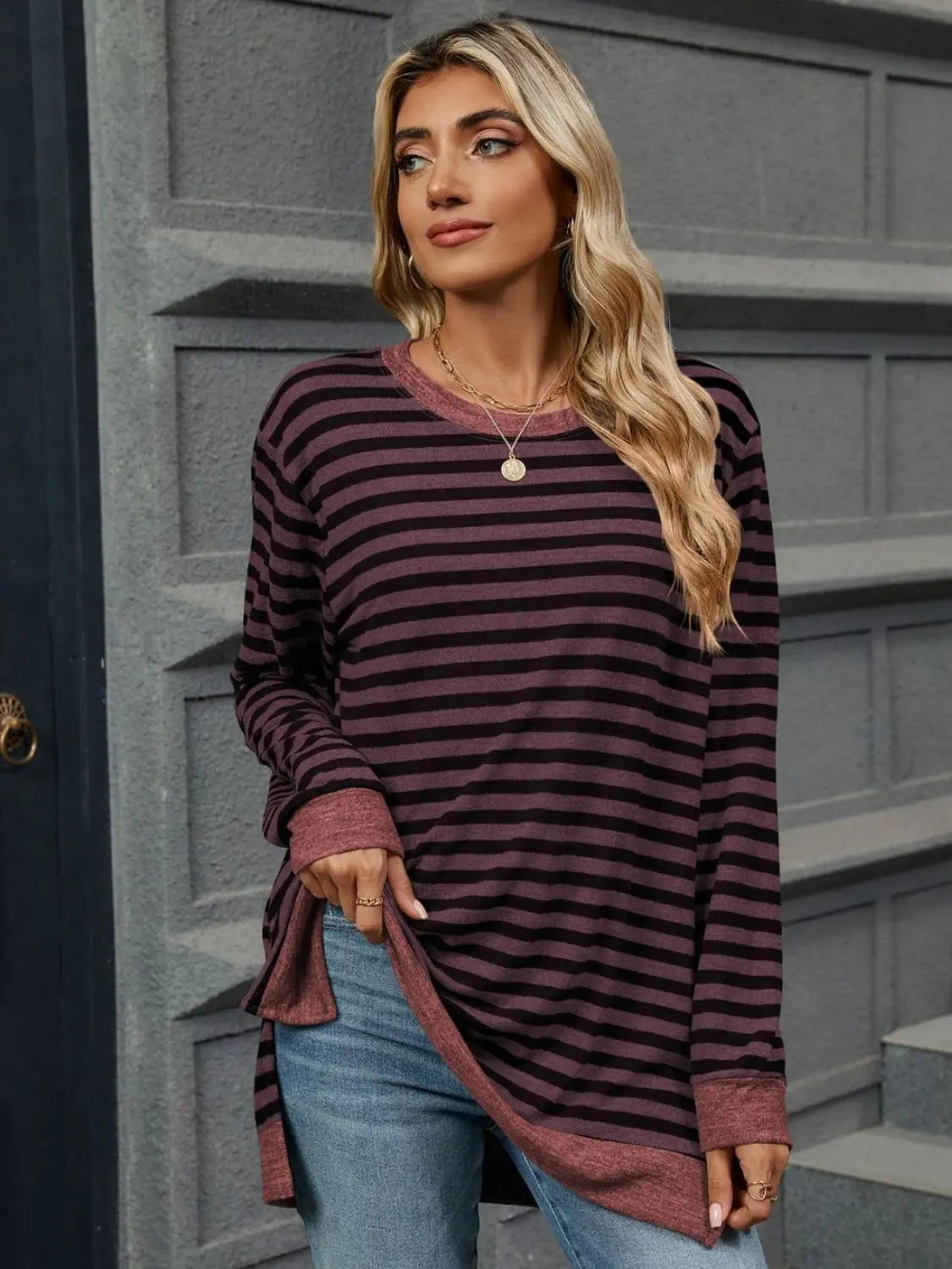 Striped Round Neck Long Sleeve T-Shirt - ThingsWeUseAndLove 