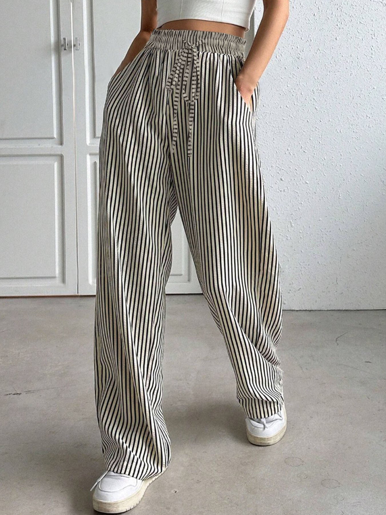 Black and White Drawstring Elastic Waist Pants - ThingsWeUseAndLove Black-White-2XL