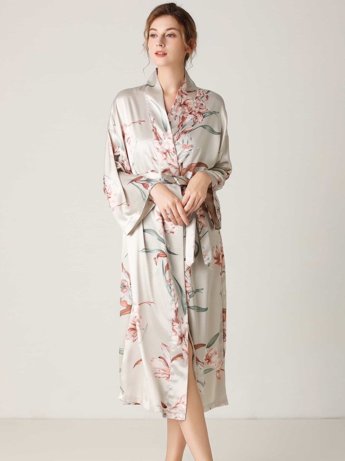 Floral Tie Waist Long Sleeve Robe - ThingsWeUseAndLove 