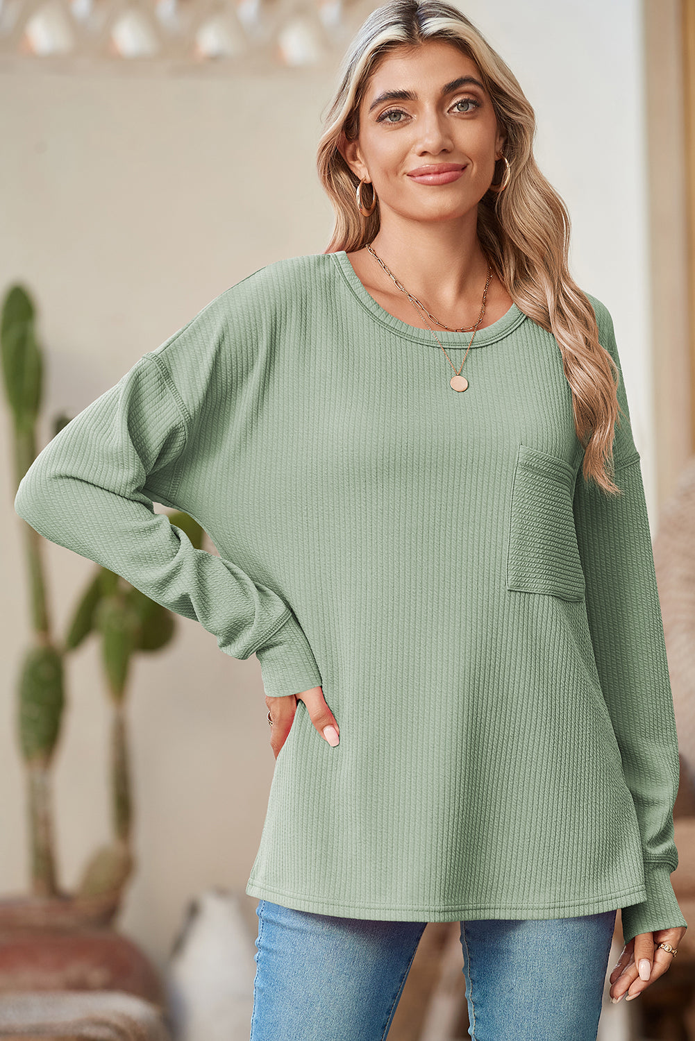 Ribbed Pocketed Long Sleeve Top - ThingsWeUseAndLove 