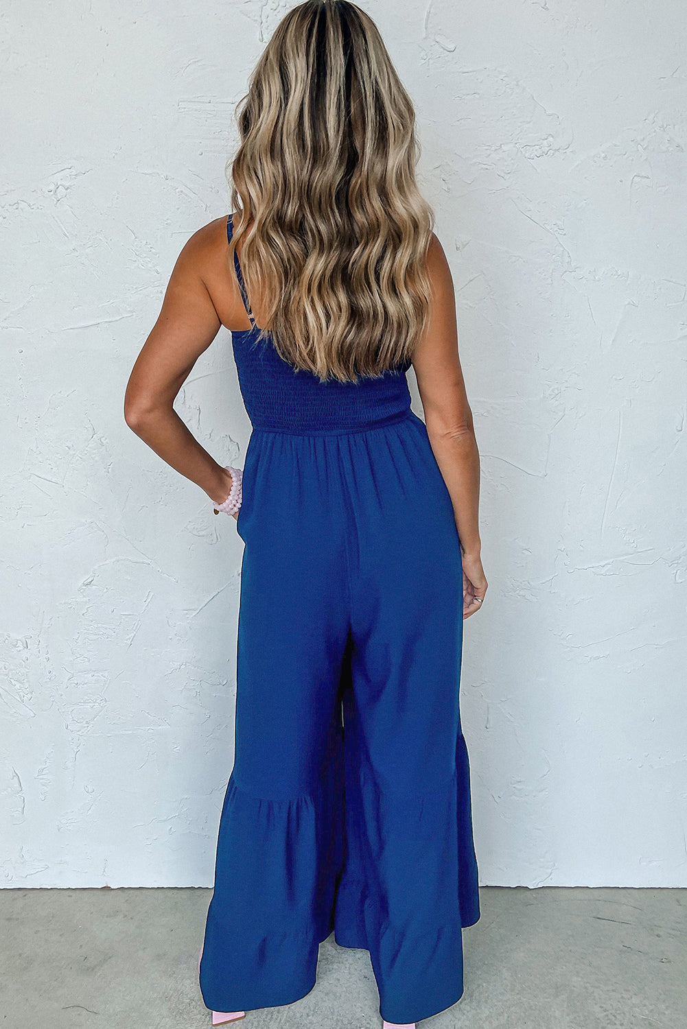 Spaghetti Straps Smocked Ruffled Wide Leg Jumpsuit - ThingsWeUseAndLove 