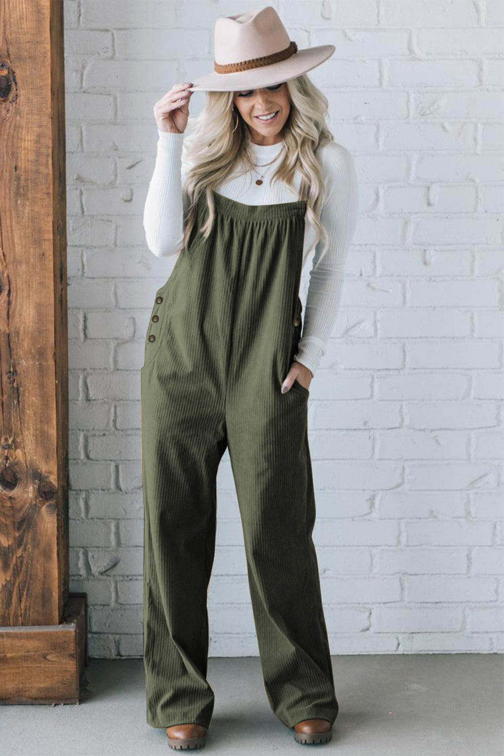 Jungle Green Plain Pocketed Loose Fit Corduroy Overalls - ThingsWeUseAndLove 