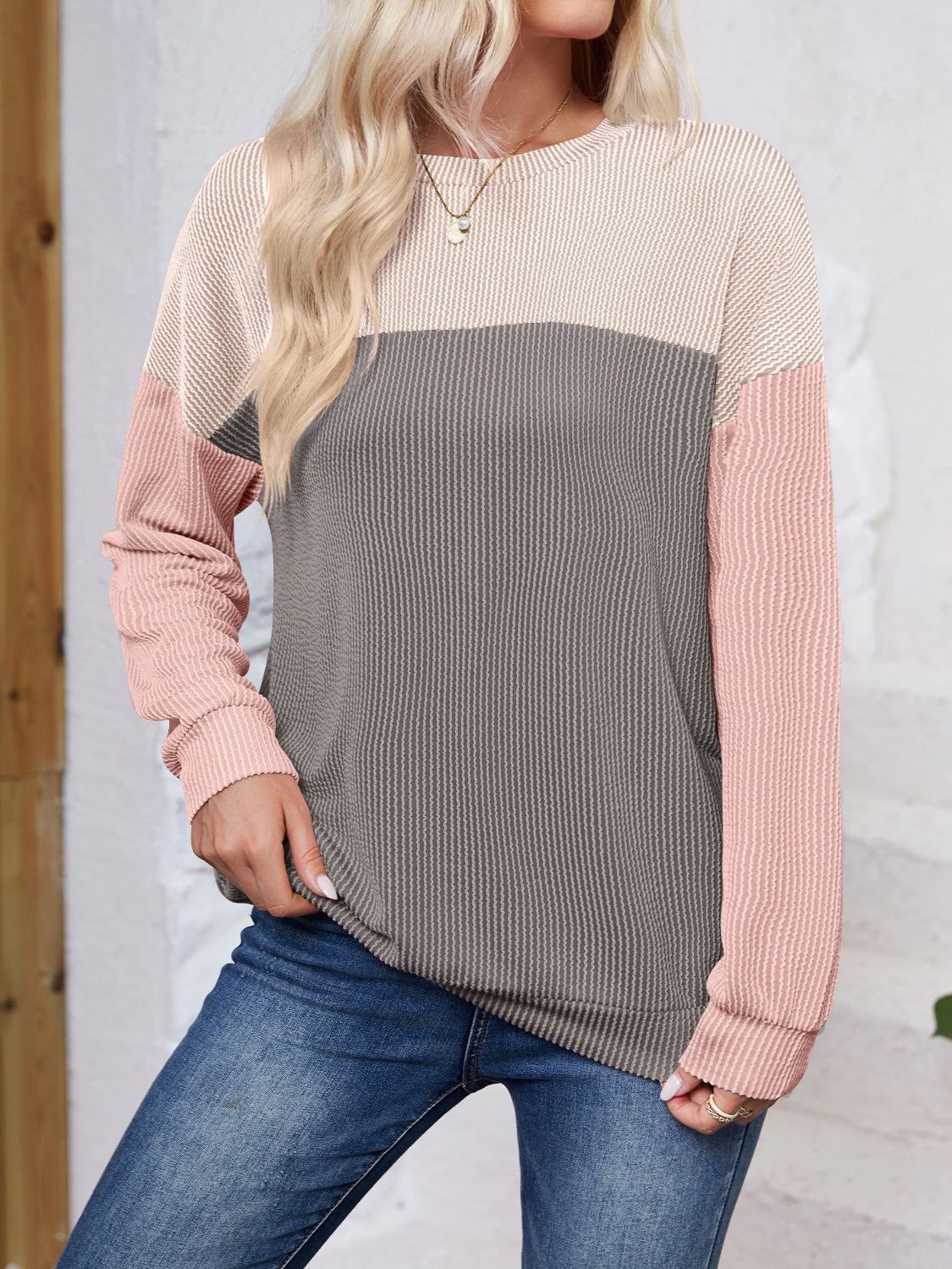 Ursina Color Block Round Neck Long Sleeve Sweatshirt - ThingsWeUseAndLove 