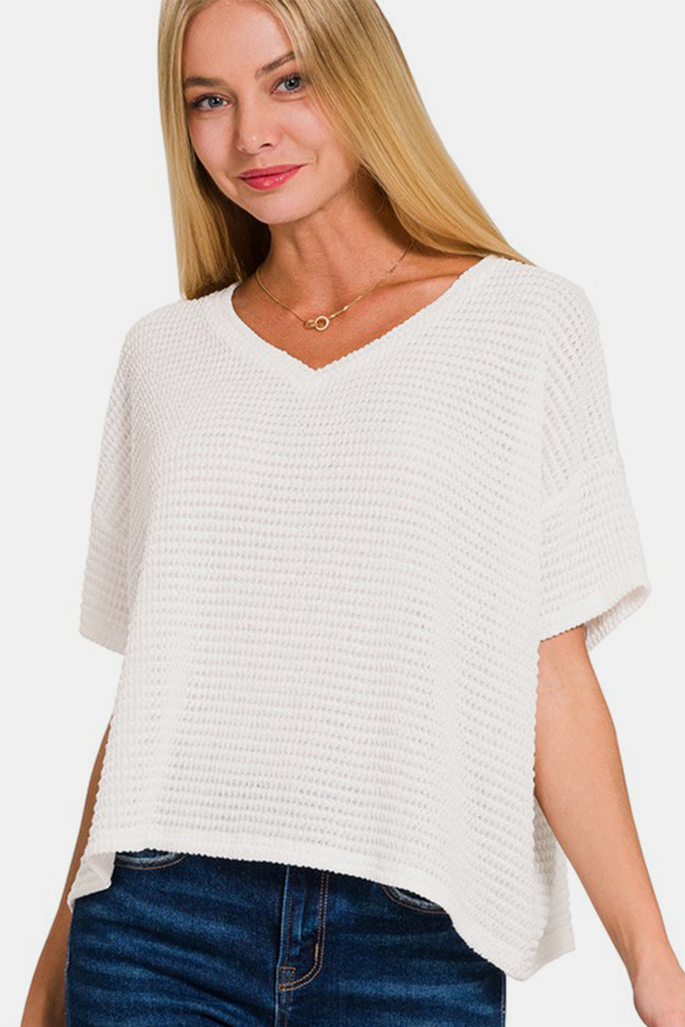 Zenana Drop Shoulder Short Sleeve Jacquard Knit Top - ThingsWeUseAndLove 