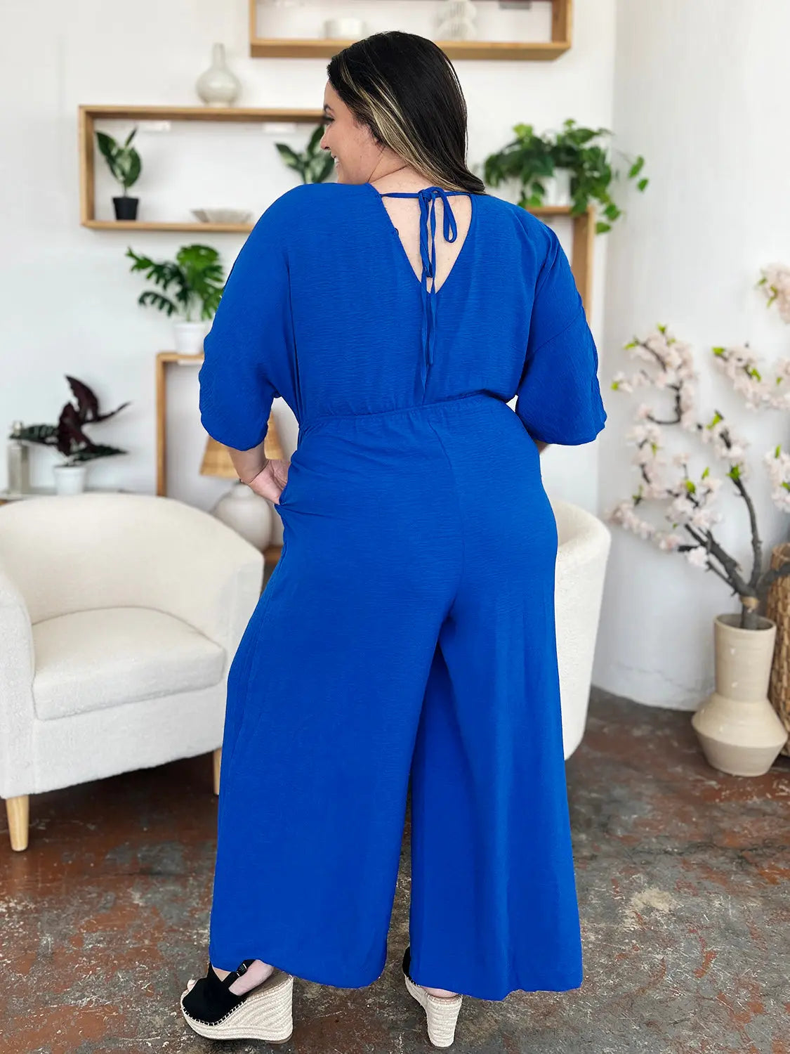 Size Inclusive Surplice Wide Leg Jumpsuit with Pockets - ThingsWeUseAndLove 