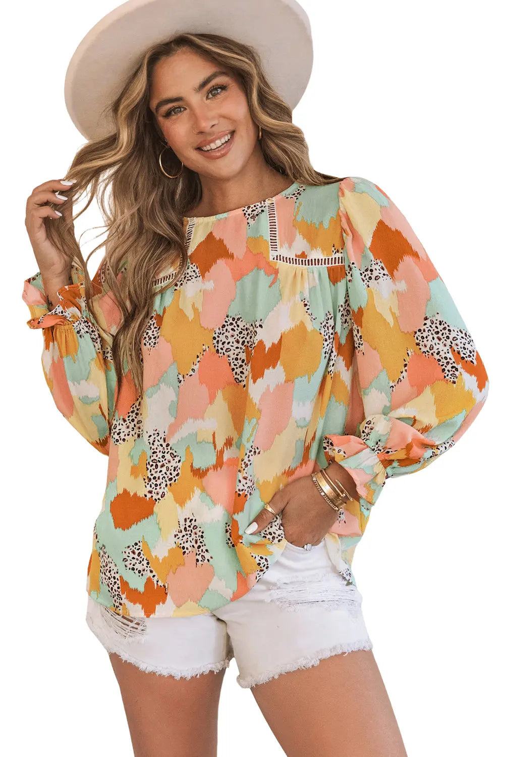 Boho Frill Multicolor Abstract Print Long Sleeve Blouse - ThingsWeUseAndLove 