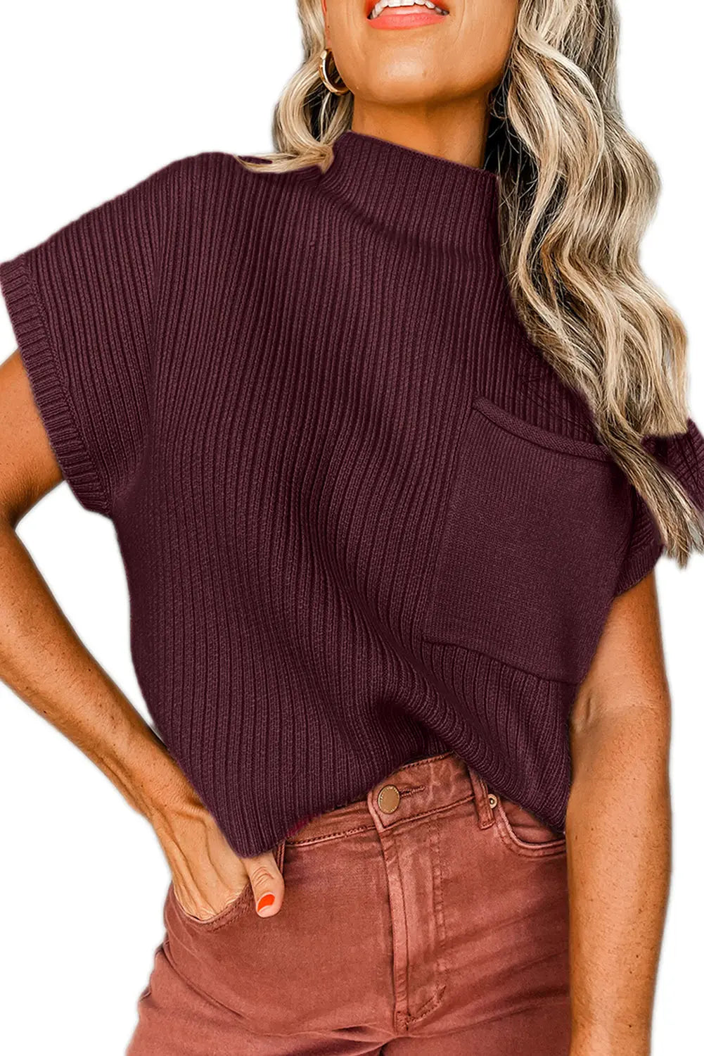 Gold Flame Patch Pocket Ribbed Knit Short Sleeve Sweater - ThingsWeUseAndLove 