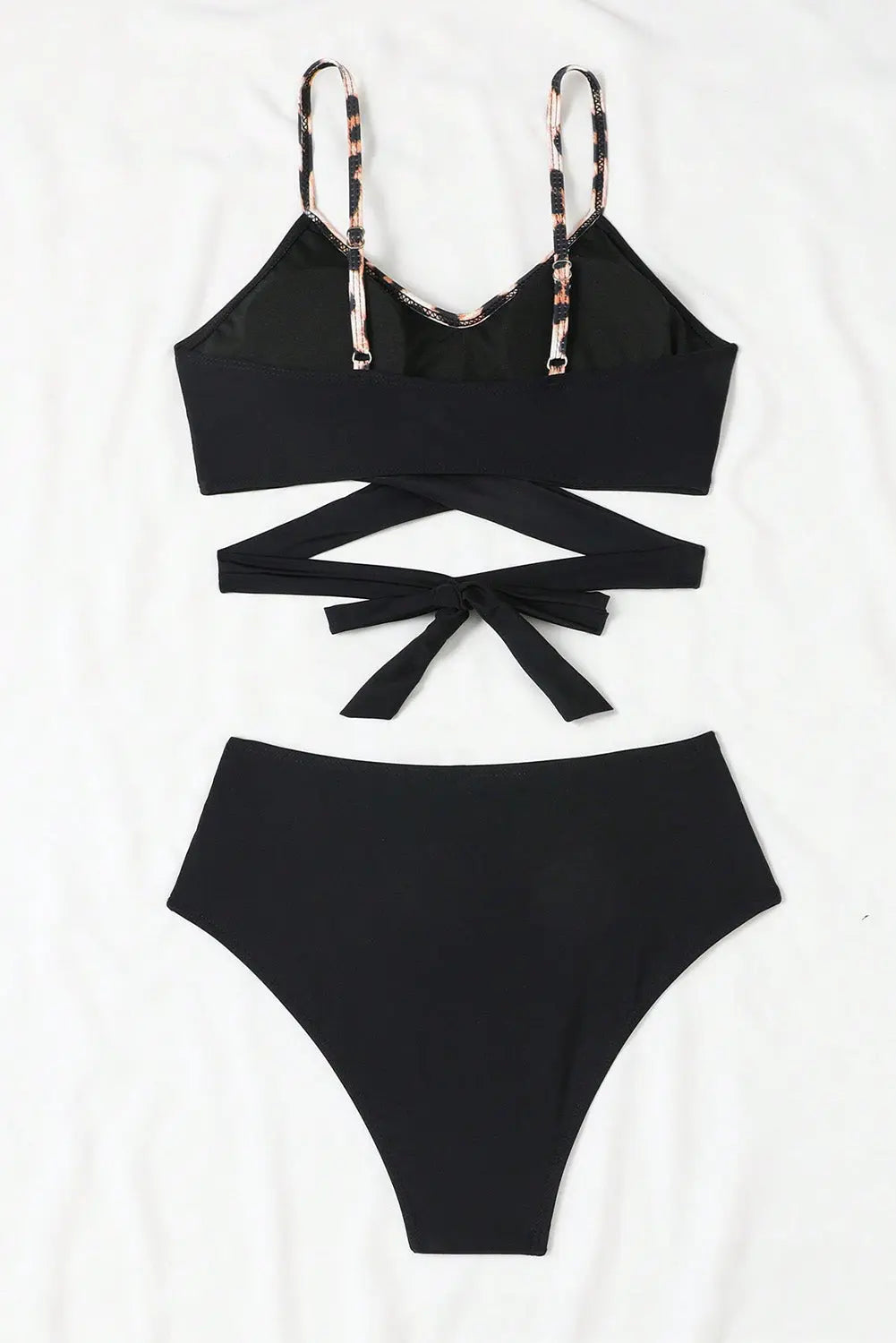 Criss Cross Tie Spaghetti Straps Black Leopard Splicing Bikini - ThingsWeUseAndLove 