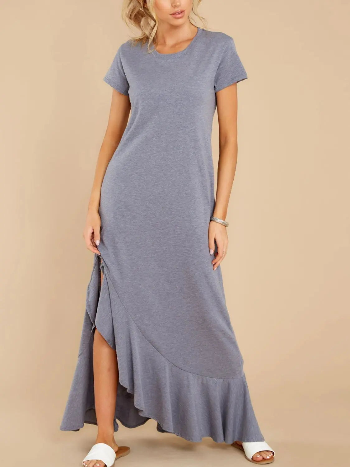 Short Sleeve Slit Round Neck Maxi Dress - ThingsWeUseAndLove 