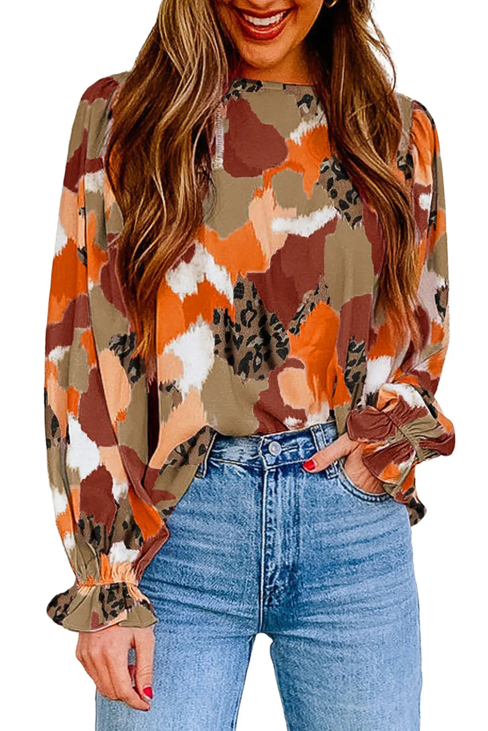 Boho Frill Multicolor Abstract Print Long Sleeve Blouse - ThingsWeUseAndLove 