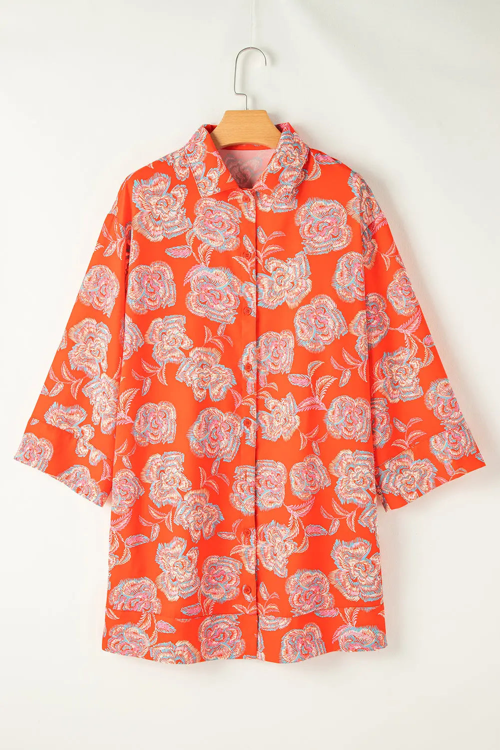 Red Floral Print Lapel Collar Loose Shirt Mini Dress - ThingsWeUseAndLove 