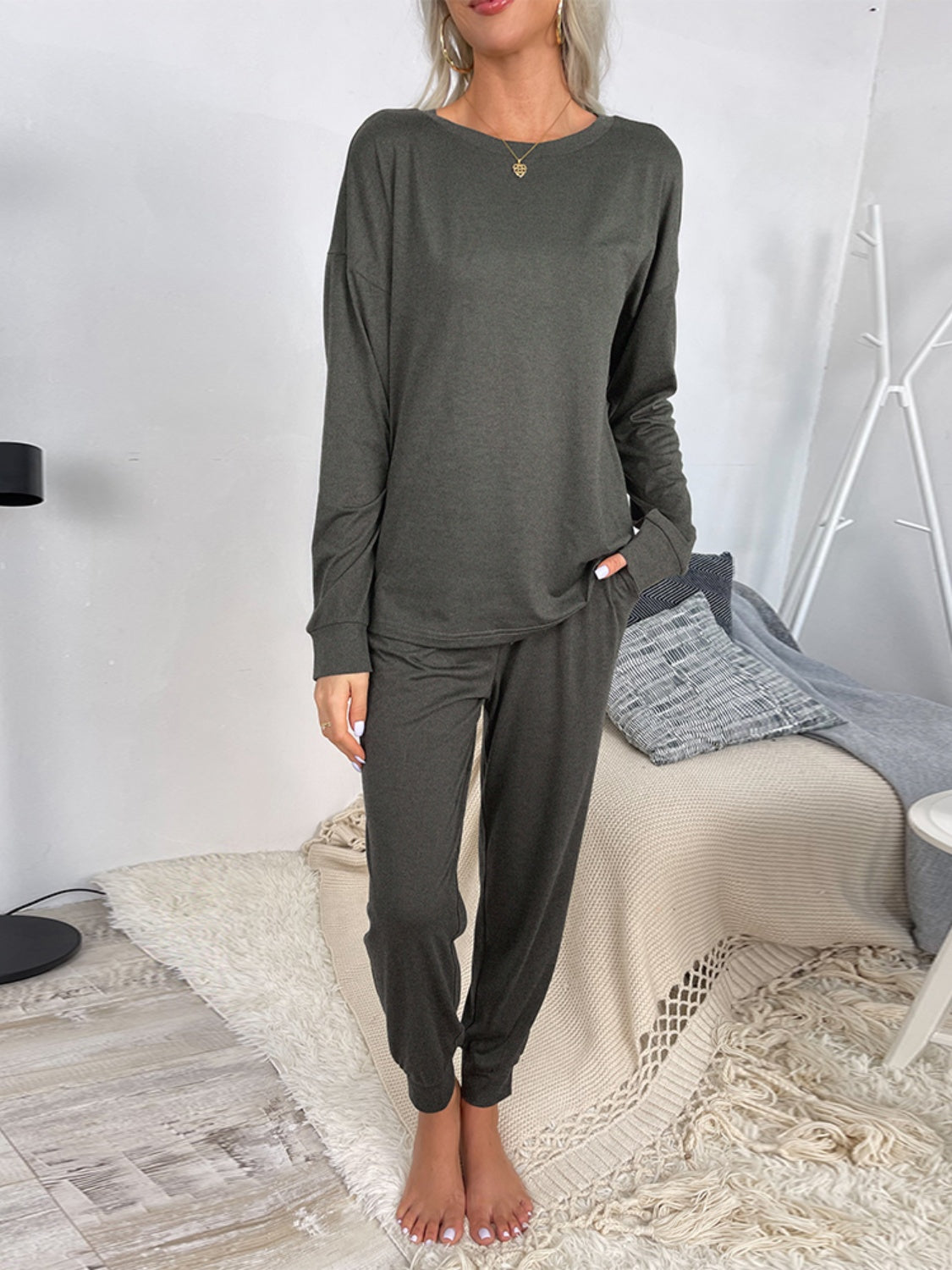 Zya Round Neck Top and Drawstring Pants Lounge Set - ThingsWeUseAndLove 