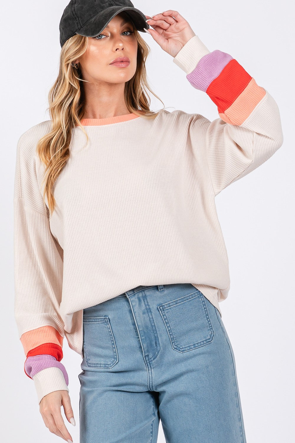 Color Block Waffle Knit T-Shirt - ThingsWeUseAndLove Sand-L