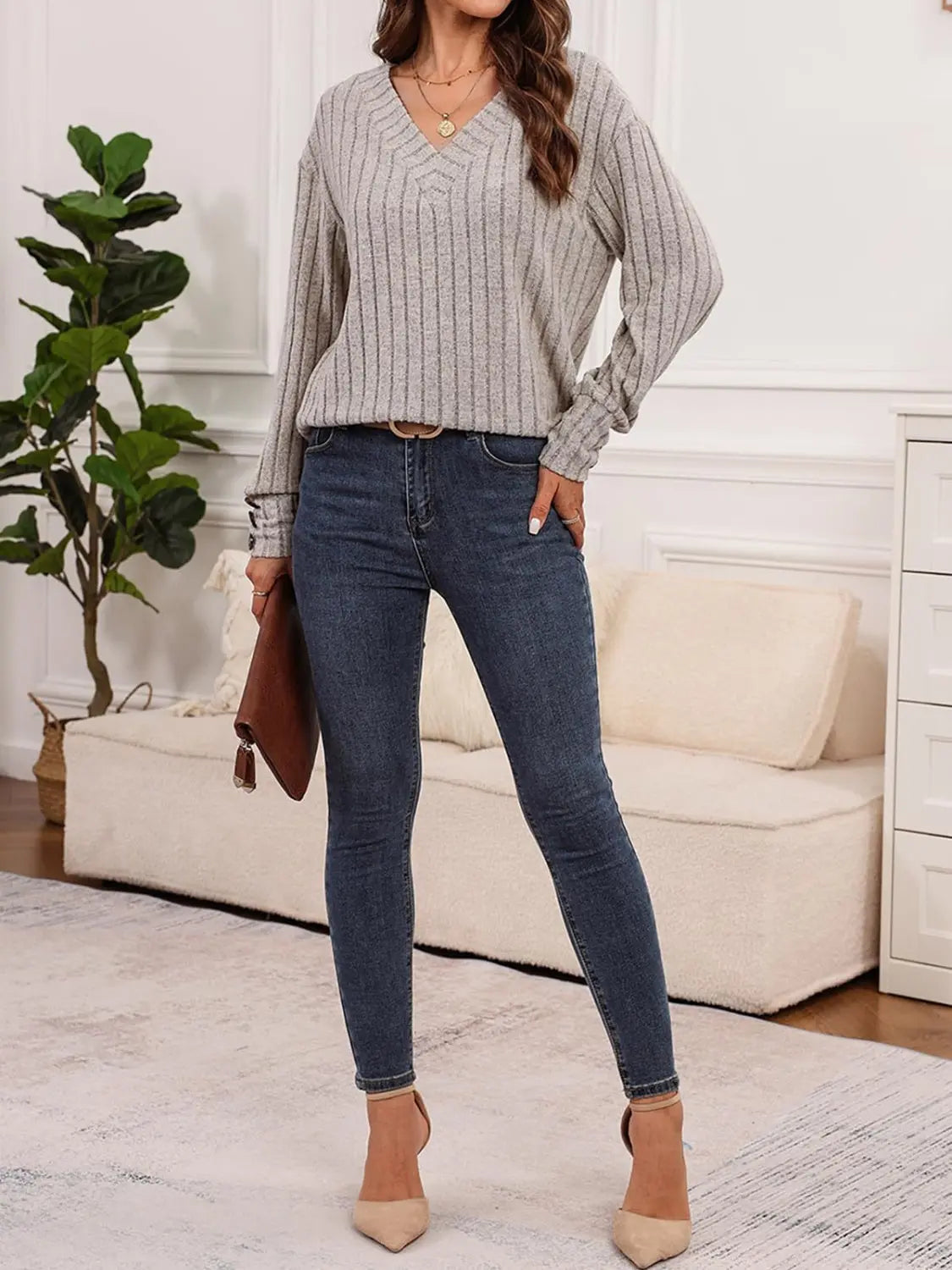 Ribbed V-Neck Long Sleeve T-Shirt - ThingsWeUseAndLove 