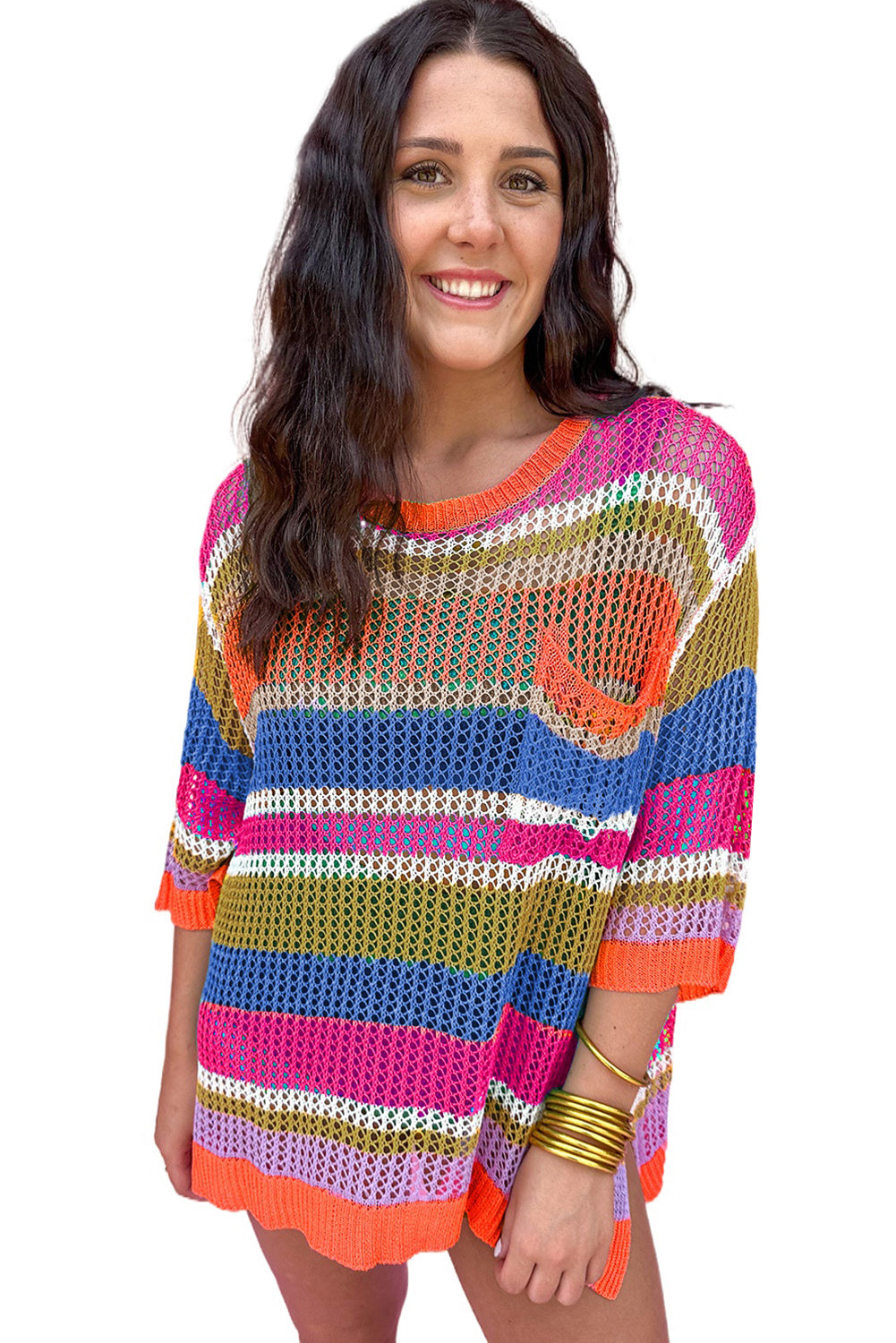 Striped Color Block Hollow Crochet 3/4 Sleeve T Shirt - ThingsWeUseAndLove 