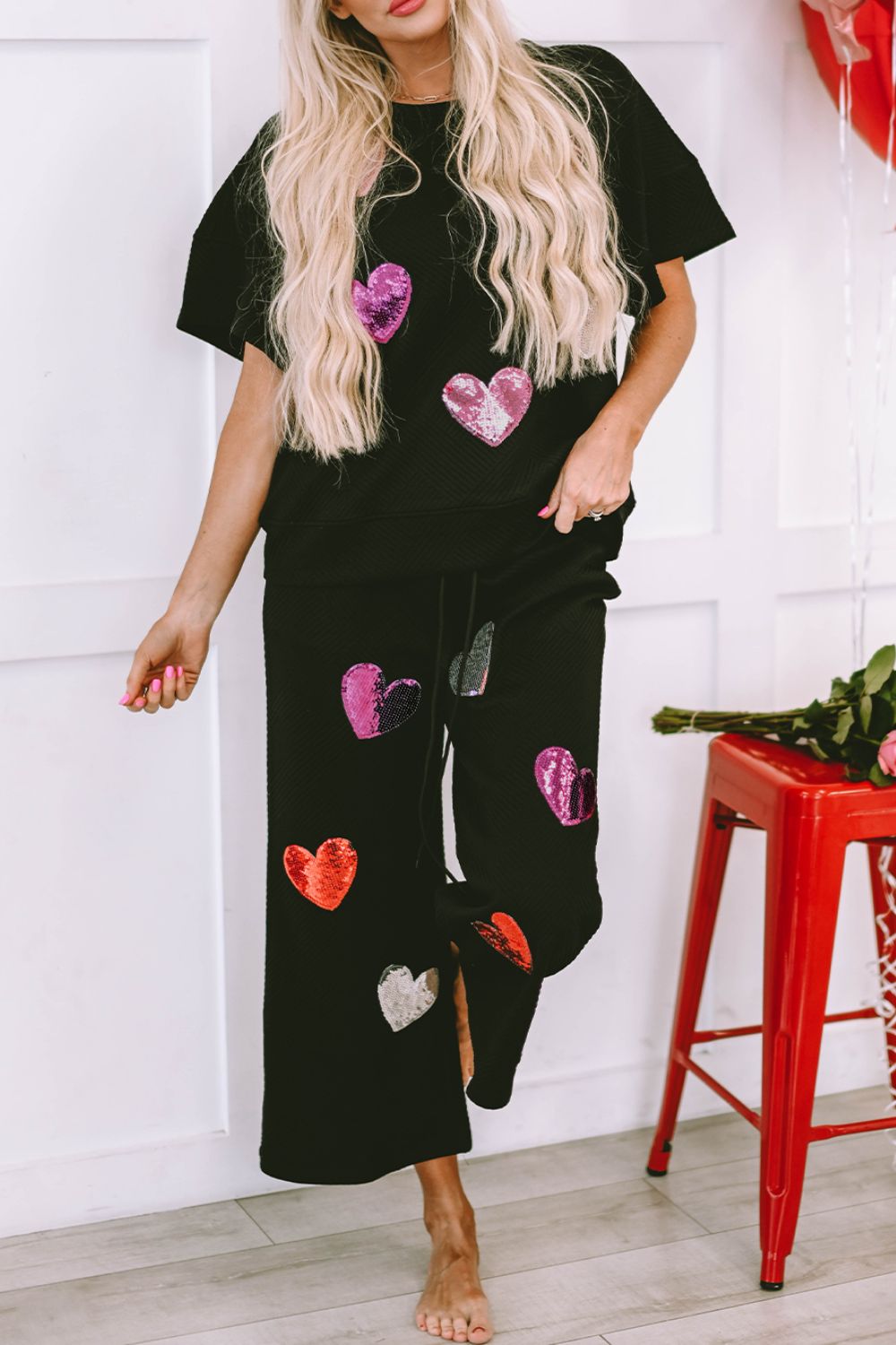 Tobi Short Sleeve Heart Sequin Top and Drawstring Pants Lounge Set - ThingsWeUseAndLove 