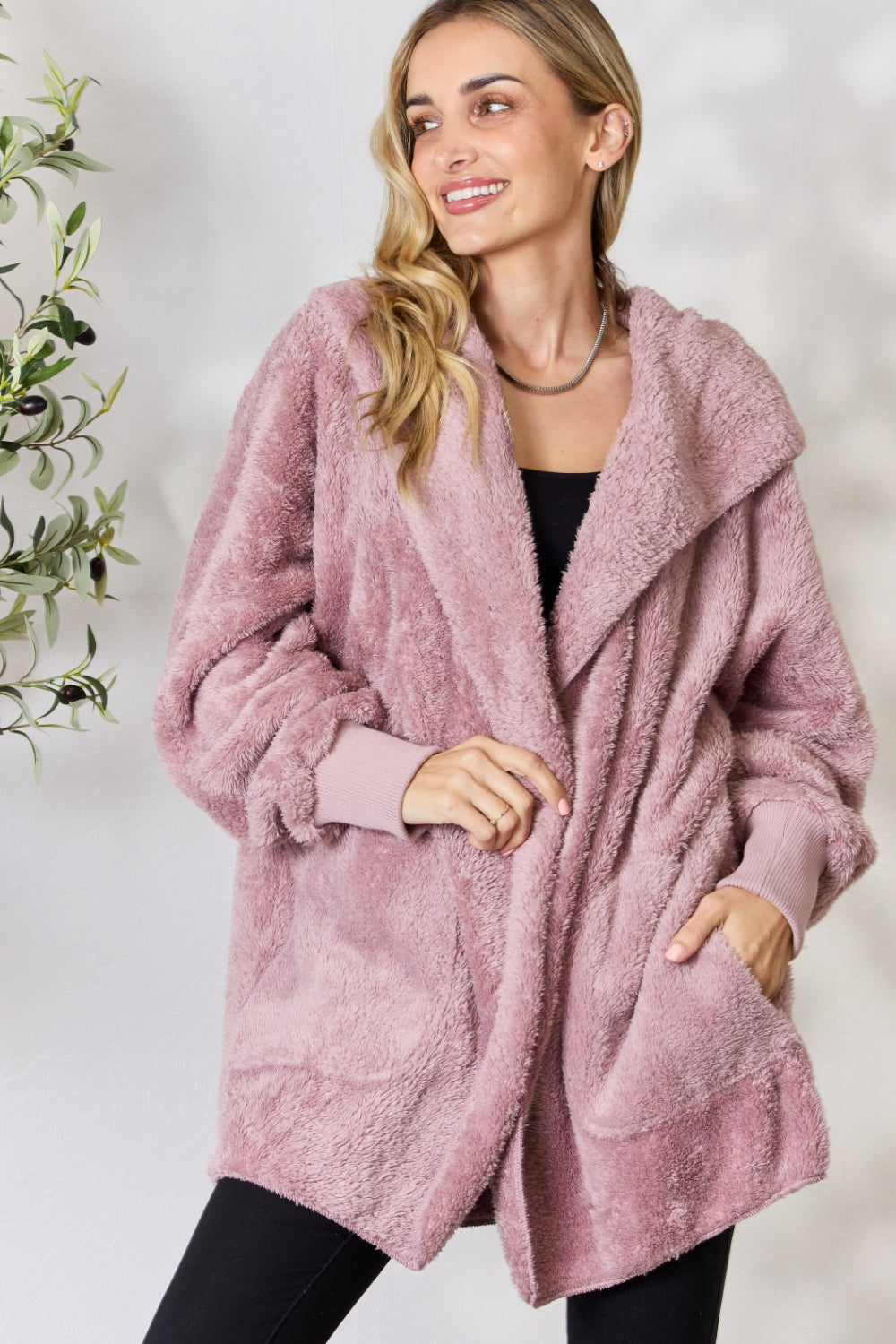 Faux Fur Open Front Hooded Jacket - ThingsWeUseAndLove