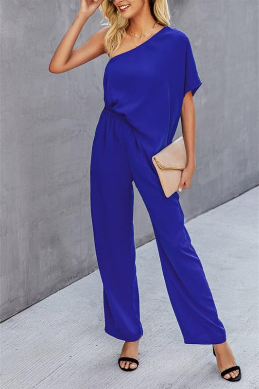 Helen Single Shoulder Short Sleeve Jumpsuit - ThingsWeUseAndLove Royal-Blue-XL