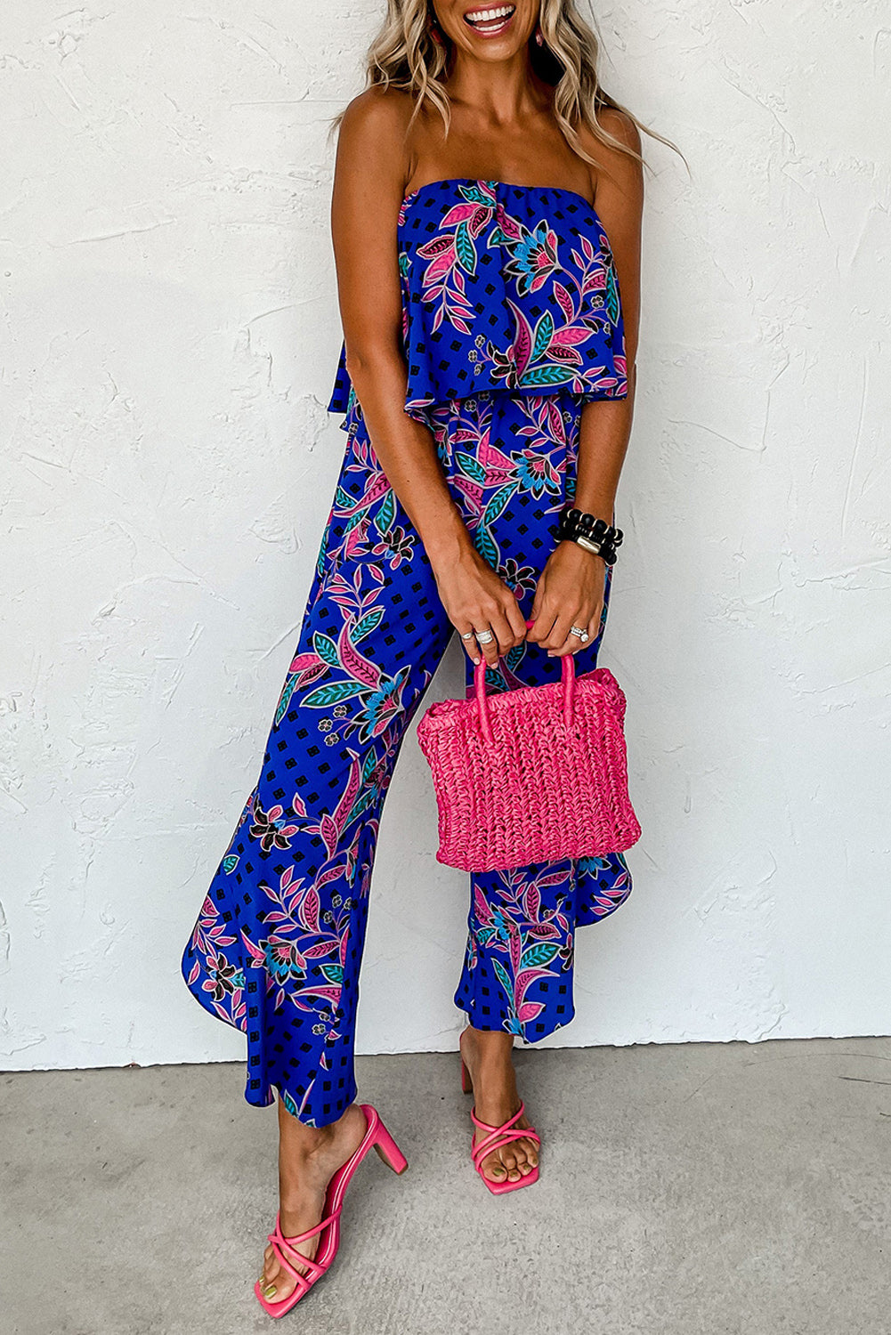 Tropical Print Strapless Ruffle Jumpsuit - ThingsWeUseAndLove Blue-XL