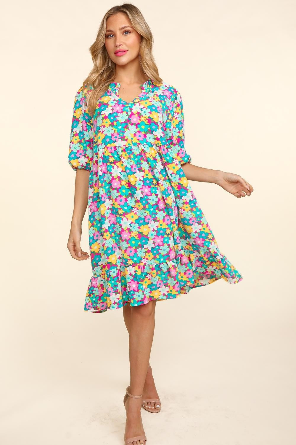 Haptics Bubble Sleeve Floral Ruffled Dress - ThingsWeUseAndLove Mint-Fuchsia-L