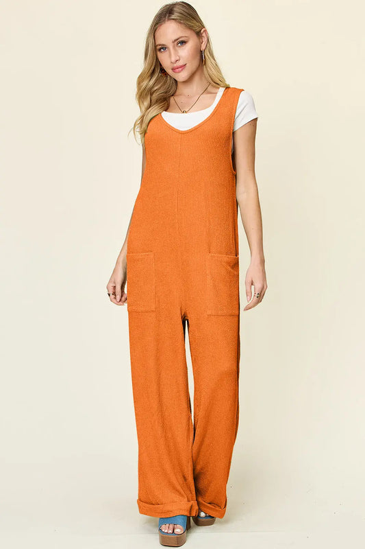 Size-Inclusive Texture Sleeveless Wide Leg Jumpsuit - ThingsWeUseAndLove Tangerine-3XL