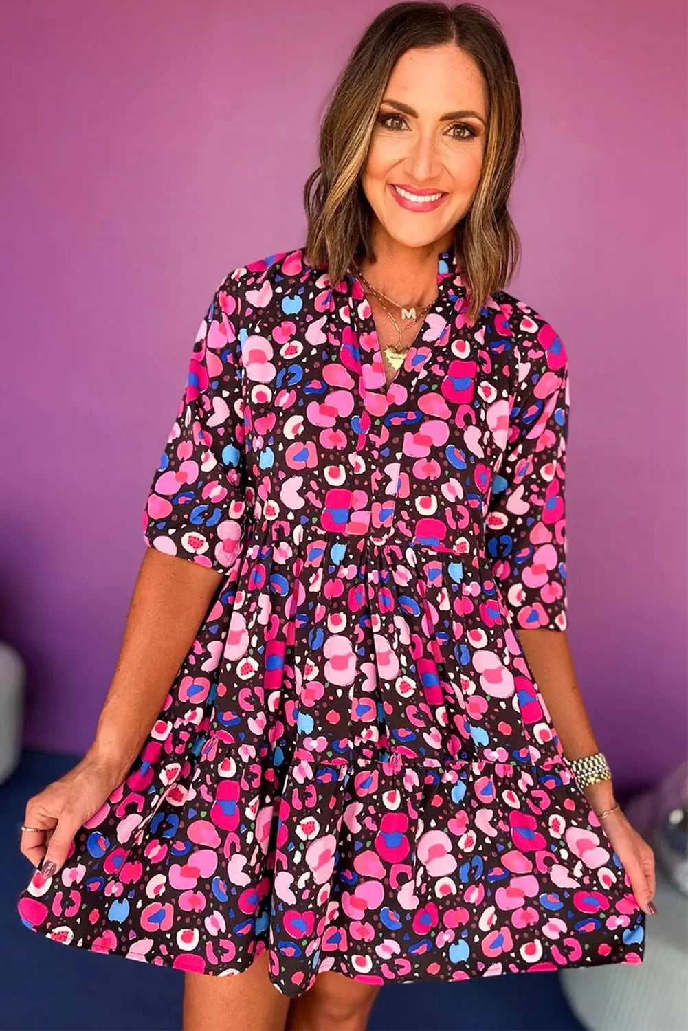 Rose Abstract Print V Neck Collared Half Sleeve Short Dress - ThingsWeUseAndLove 