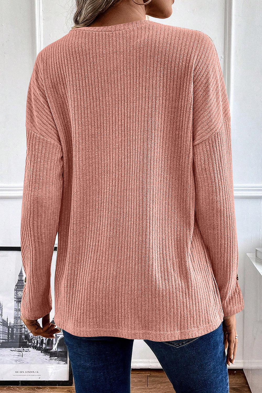 Drop Shoulder Ribbed Knit Long Sleeve Henley Top - ThingsWeUseAndLove 