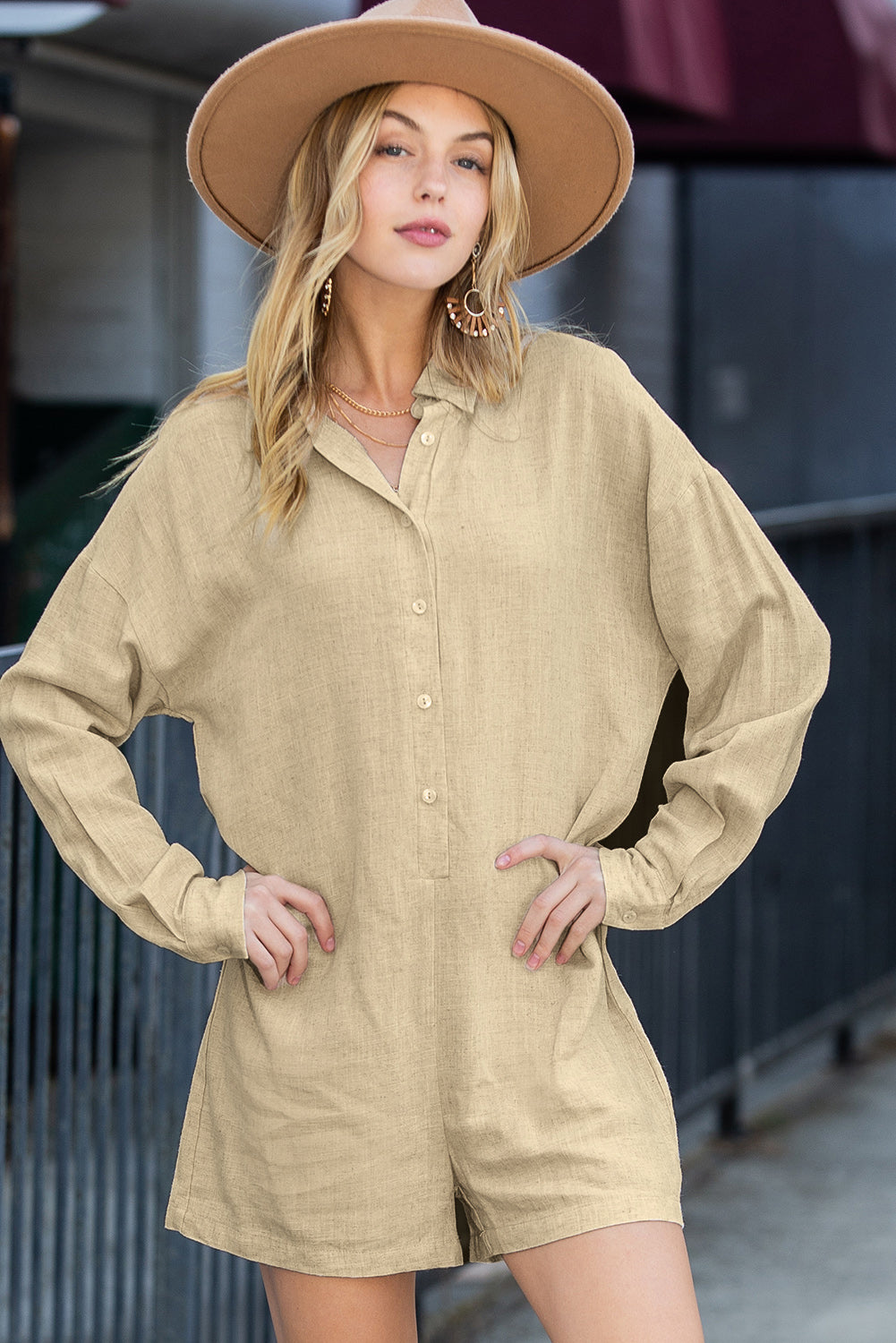 Beige Solid Color Half Buttoned Shirt Romper - ThingsWeUseAndLove 