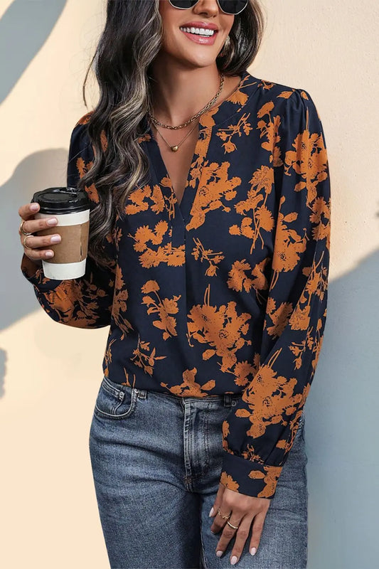 Love Printed Notched Long Sleeve Blouse - ThingsWeUseAndLove 