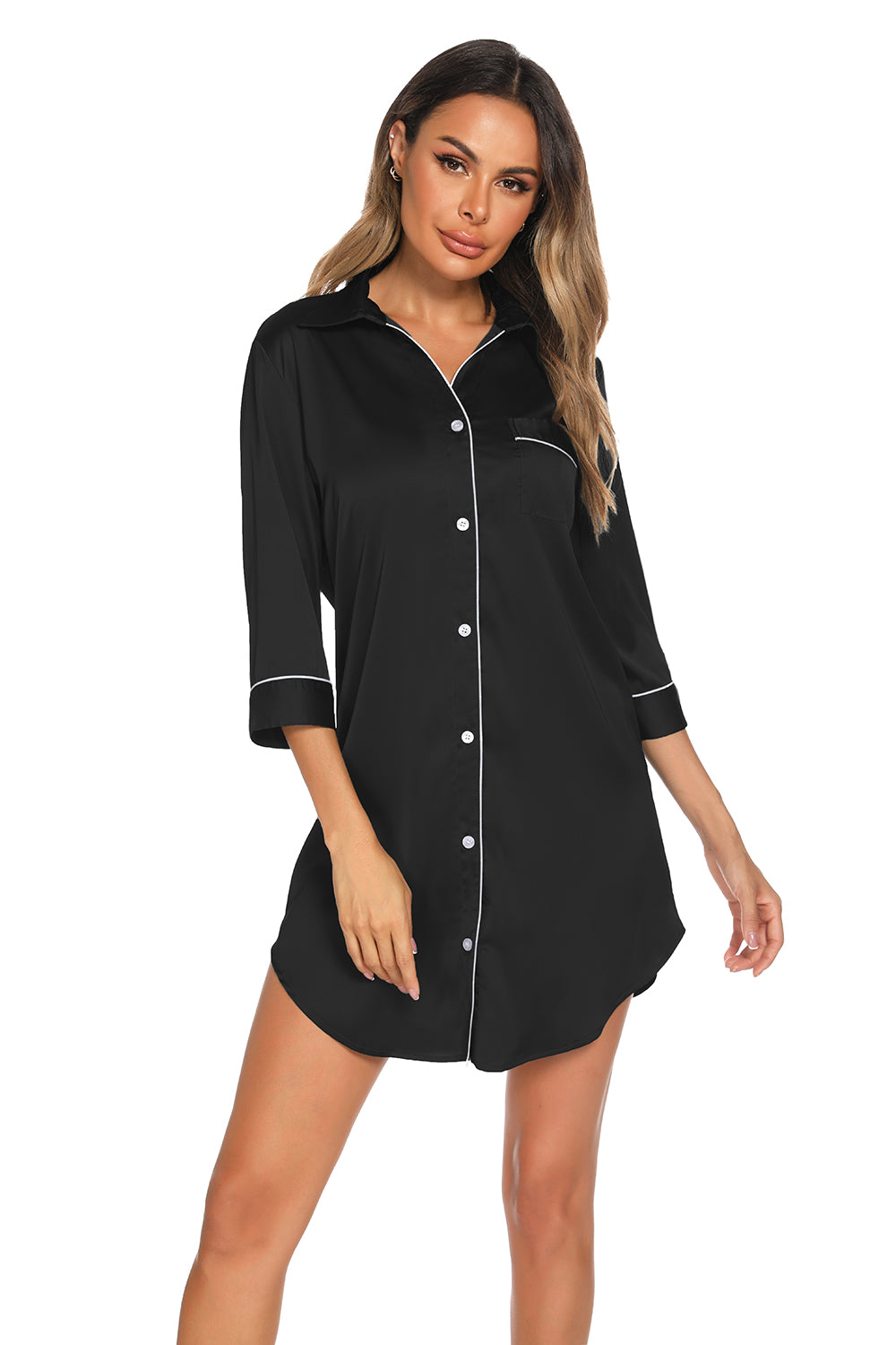 Jane Button Up Collared Neck Night Dress with Pocket - ThingsWeUseAndLove 