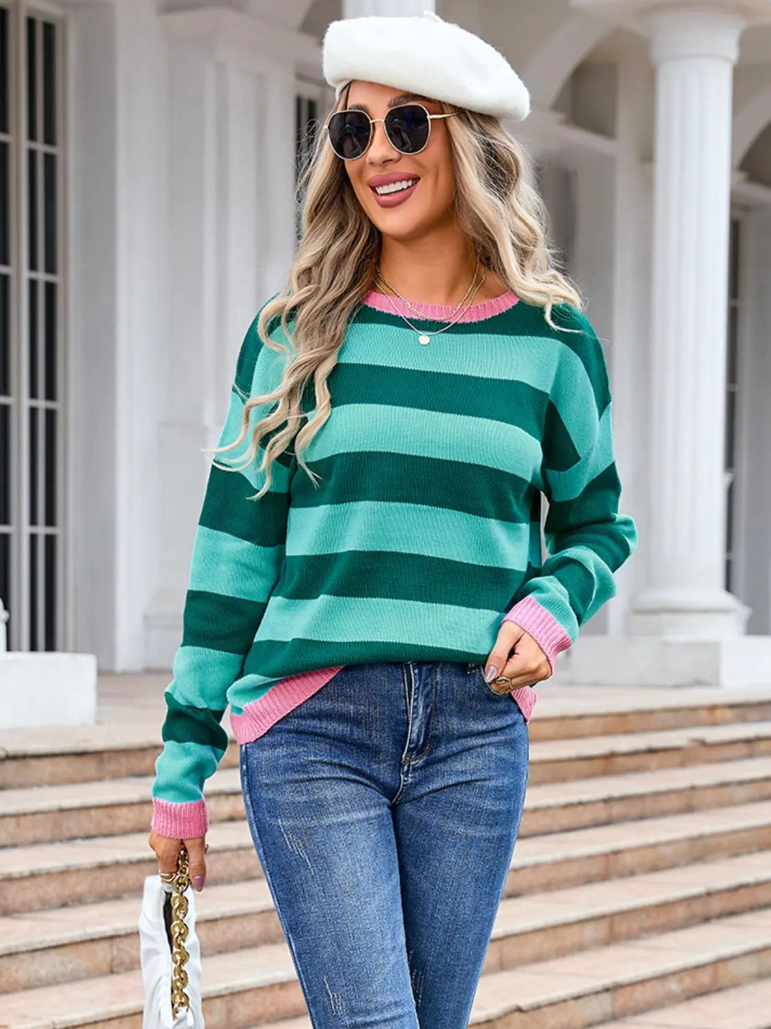 Dropped Shoulder Striped Round Neck Sweater - ThingsWeUseAndLove 