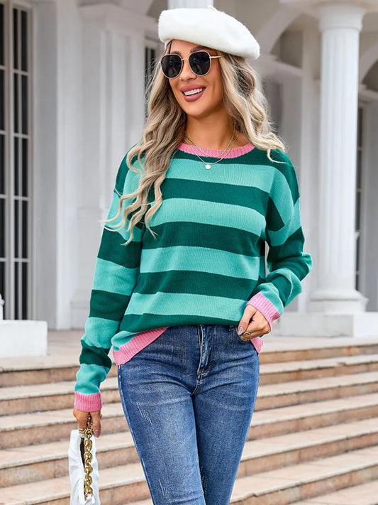 Dropped Shoulder Striped Round Neck Sweater - ThingsWeUseAndLove 