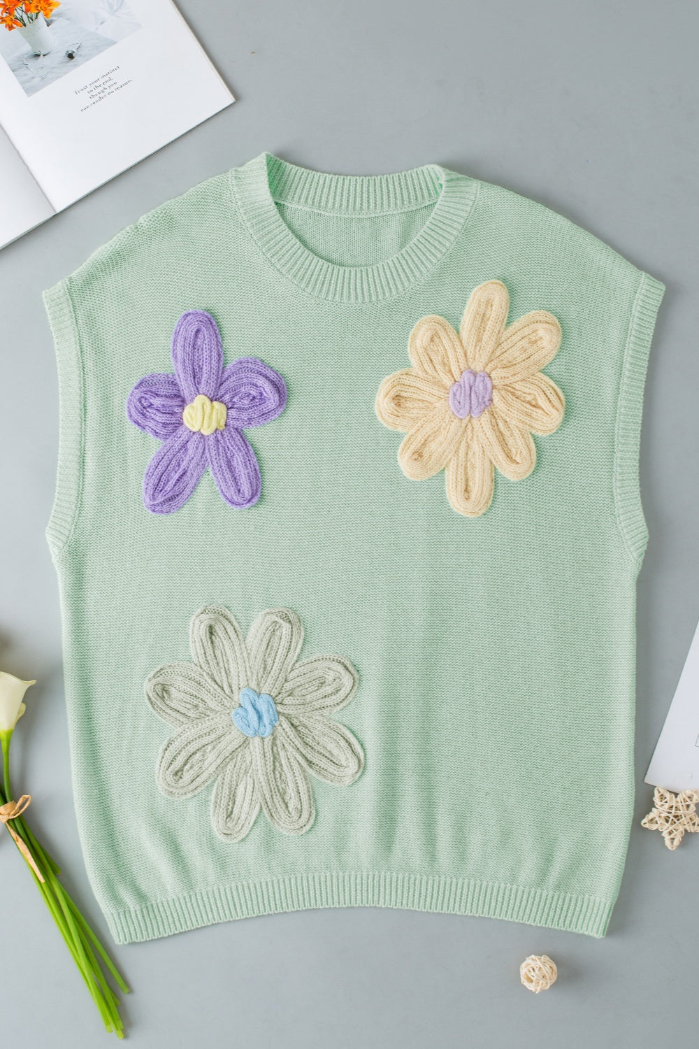 Lindsay Round Neck Flower Sweater Vest - ThingsWeUseAndLove Sage-XL