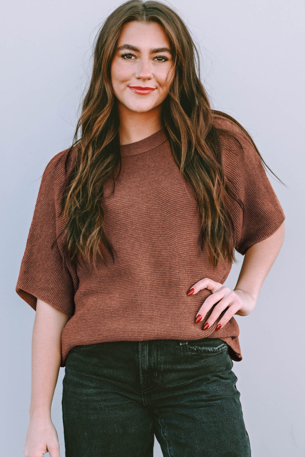 Mock Neck Short Batwing Sleeve Sweater - ThingsWeUseAndLove 